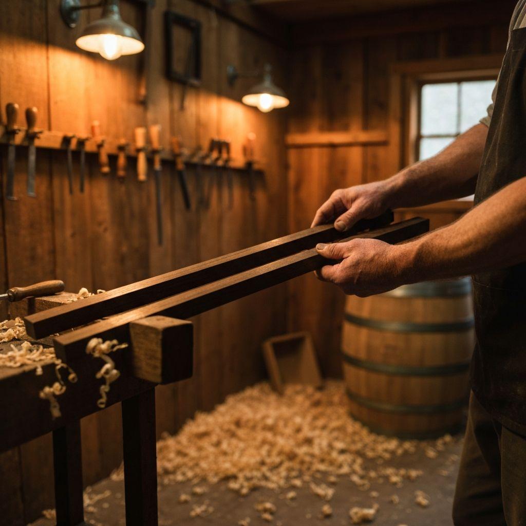 Skilled craftsman inspecting an oak whiskey barrel on Vancouver Island