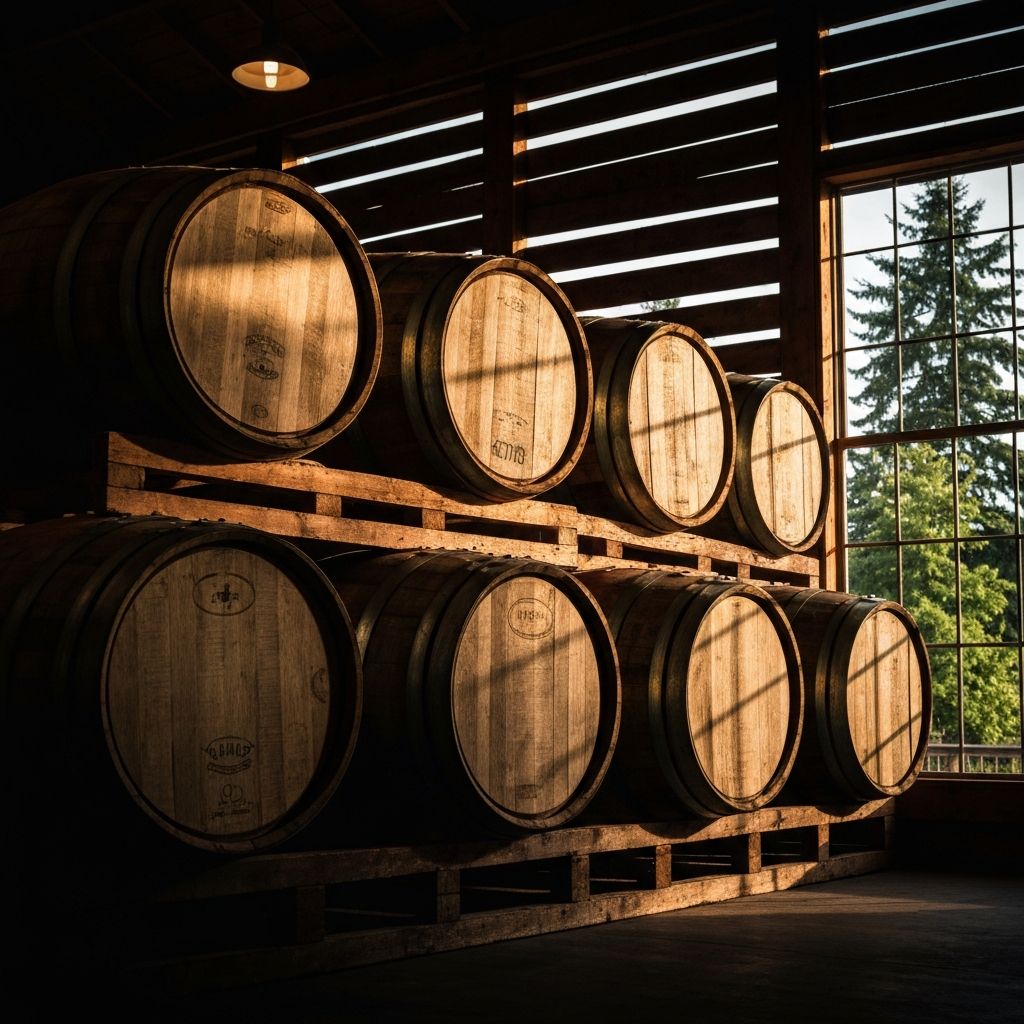Premium oak whiskey barrels stacked in a warm warehouse on Vancouver Island